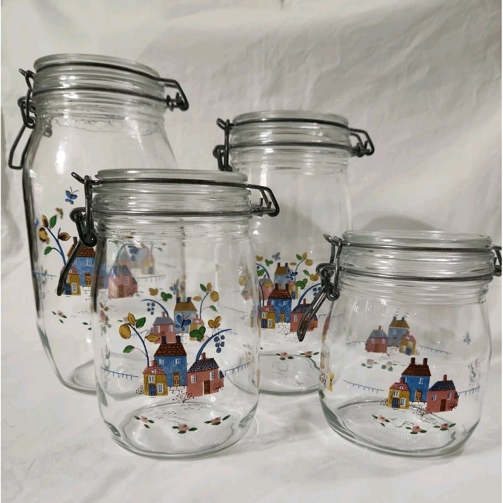 ARC France Flip Lid Glass Jar Canisters Heartland Country Village Set of 4